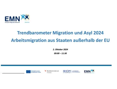 Präsentationsfolie mit den Eckdaten zur Veranstaltung Trendbarometer Migration und Asyl 2024